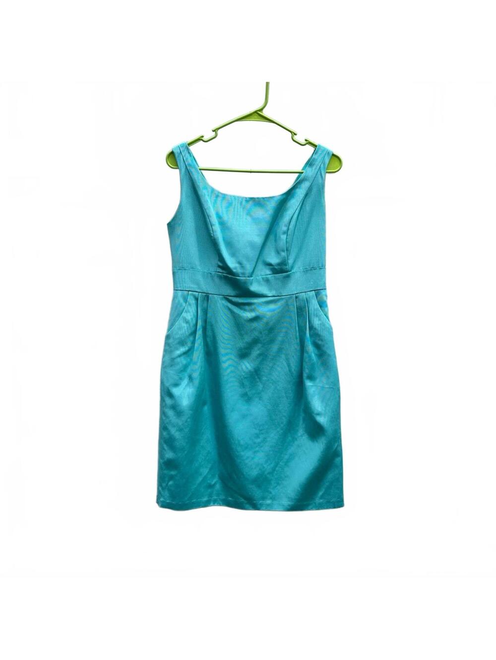 LulaKate Aqua Blue Ribbed Satin Fitted Sheath with pockets | size 8